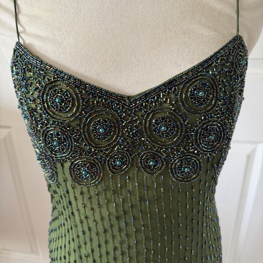 Vintage Silk Beaded Gown Sz 8 Green Flapper Art Deco Asymmetrical MY Fashions